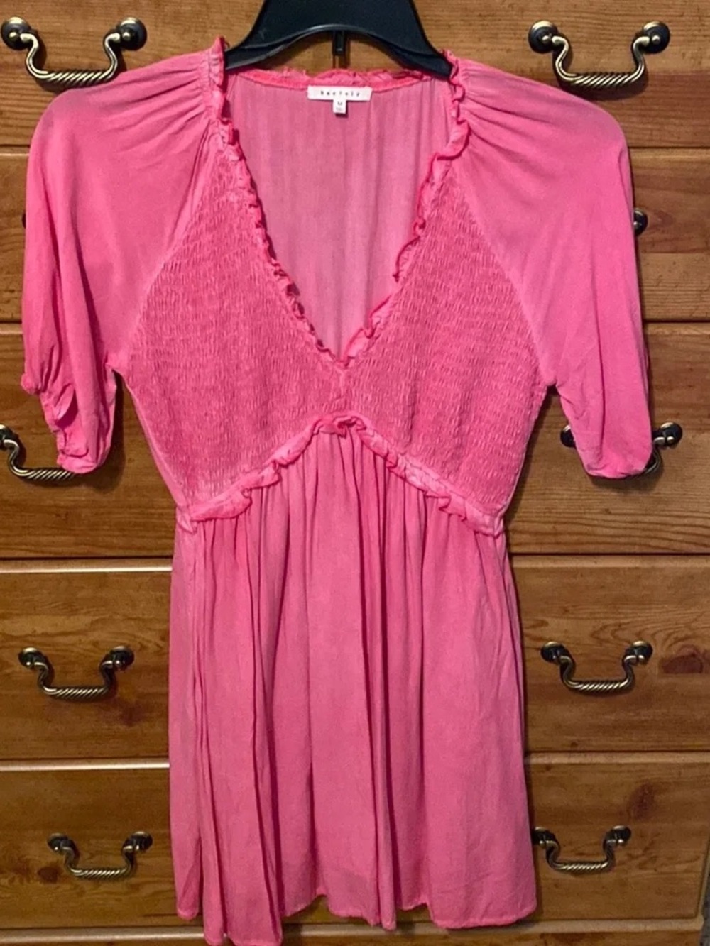 Forever 21 Pink Smocked V-Neck Mini Dress with Ruffle Trim